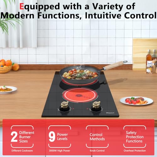 Image of 2 Burner Electric Cooktop - 12 Inch Electric Stove Top 3000W, 220V Built-in Ceramic Cook Top with Retro Knob, 9 Power Heating Level, 220-240V Hard Wired