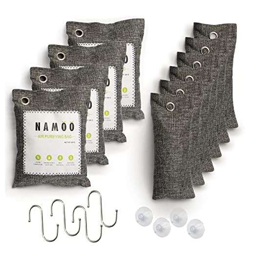 Namoo Natural Air purifying Charcoal bags, Odor eliminator. 10 pack (200g x 4 pack)+(75g x 6 pack) + (4 hooks) + (4 suction cups).