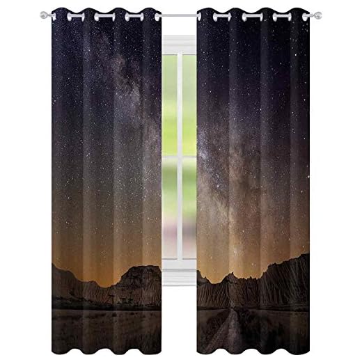 fönstergardiner, Milky Way over Desert of Bardenas Spanien etisk utsikt Hills Arid Country, B 52 x L 72 fönsterbehandlingar draperier för sovrum, plommon aprikos choklad