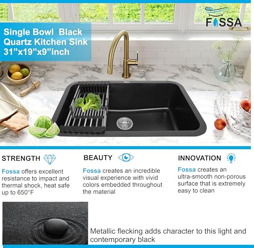 Image of Fossa 10-Year Warranty 31 inchx19 inchx9.5 inch Pure Quartz Kitchen Sink Single Bowl with Basket, Round Coupling, Waste Pipe Black (Matte Finish)