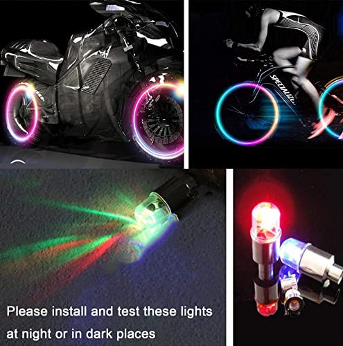 YUERWOVER 4 Pieces LED Bike Wheel Lights Car Tire Valve Stems Caps Bicycle Motorcycle Waterproof Tyre Spoke Flash Lights Cool Reflector Accessories for Kids Men Women(Colorful)