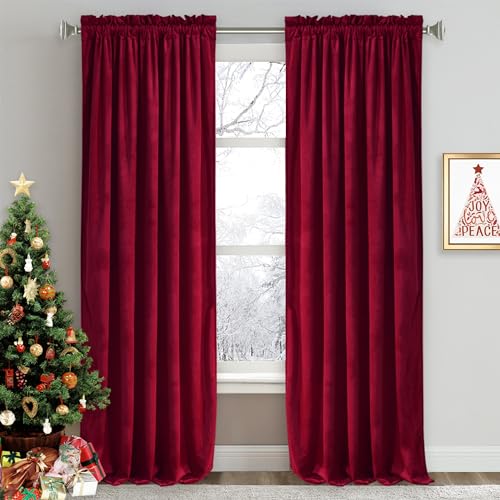 Image of RYB HOME Extra Long Velvet Curtains 102 inches for Sliding Patio Glass Door | Energy Saving, Thermal Privacy, UV Heat Blocking, for Living Room Bedroom Dining Room, Ruby Red, W52 x L102, 2 Panels