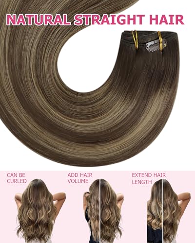 Image of YoungSee Balayage Clip in Human Hair Extensions 22 Inch Brown Clip-in Hair Extensions for Long Length, Dark Brown with Caramel Blonde Balayage Gentle Clip in Extension for Sensitive Scalp 22 Inch 120G
