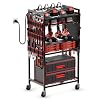JUNNUJ Large Power Tool Organizer Cart with Charging Station, Garage Floor Standing Rolling Drill and Tools Battery Storage Cart on Wheels, Heavy Duty Utility Rack Shelf with 8 Outlet Power Strip, Red