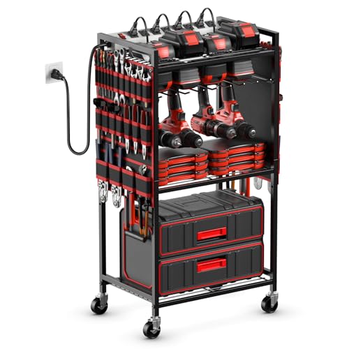 JUNNUJ Large Power Tool Organizer Cart with Charging Station, Garage Floor Standing Rolling Drill and Tools Battery Storage Cart on Wheels, Heavy Duty Utility Rack Shelf with 8 Outlet Power Strip, Red