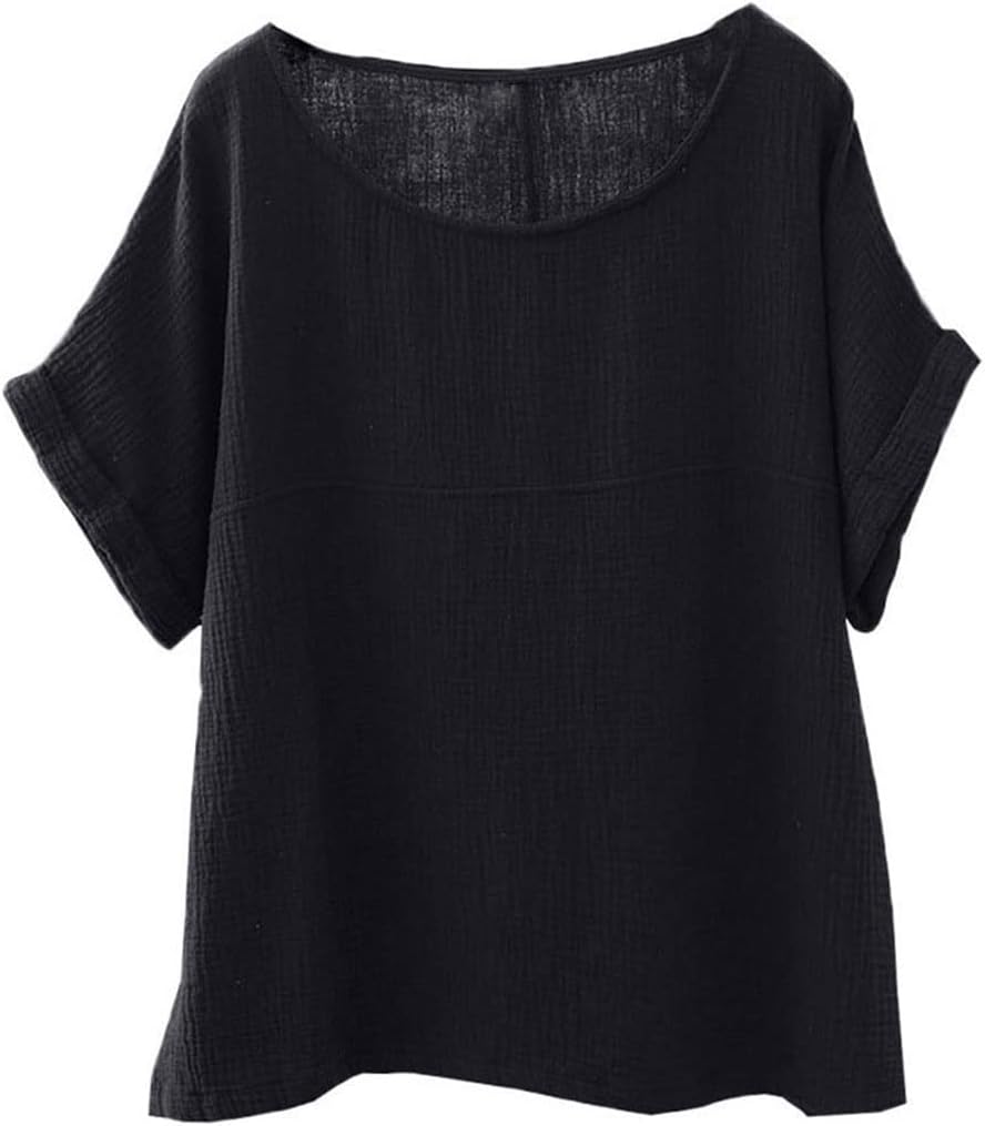 Soojun Women's Cotton Linen Round Collar Boxy Top Patchwork Blouses - Image 4