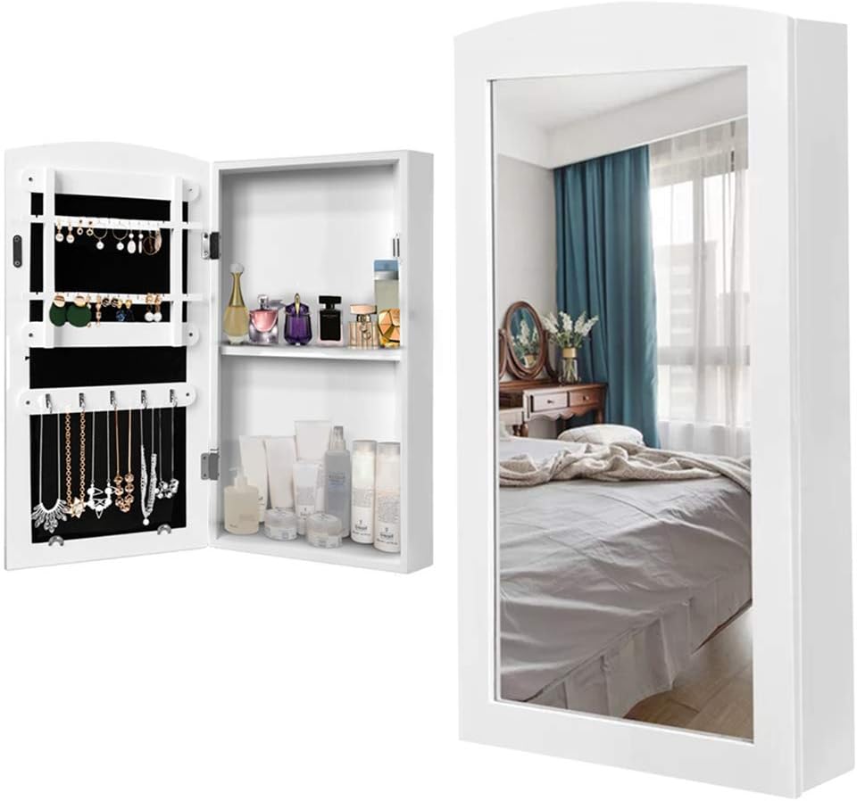 BAKAJI Wall Mounted Mirror Cabinet, Jewellery Cabinet with Door for Items and Interior Mirror, Wardrobe Organiser, Jewellery Storage, White (60 x 30 x 8.5 cm)