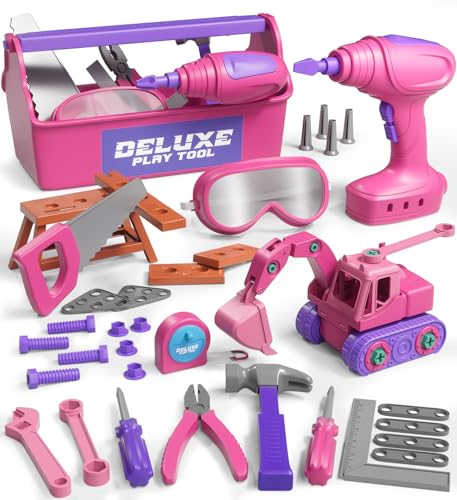 Lehoo Castle Montessori Caja de Herramientas Juguete para Niños 3 Años con Destornillador Eléctrico & Mini Banco de Trabajo & Excavadora, Regalo Niños Juego de rol de 2 3 4 5 6 Años (Rosa)
