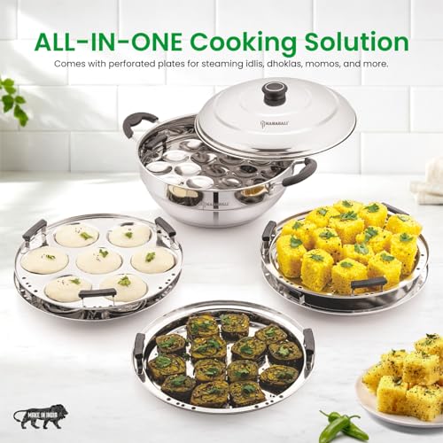 Image of MAHABALI KITCHENWARE SB Prime IB Multi Kadai with Steel Lid & 6 Plates | Idly, Mini Idly, Dhokla & Patra Maker Set | Includes 2 Idly Plates, 1 Mini Idly Plate, 2 Dhokla Plates & 1 Patra Plate