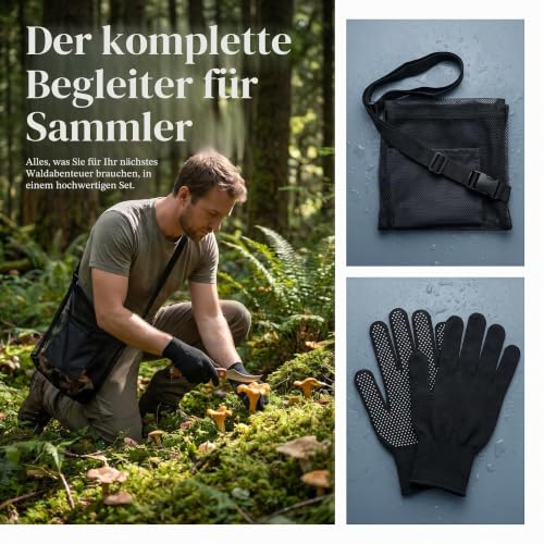 Foto von Pilzsammler Set – Pilzmesser Mit Bürste, Rutschfeste Handschuhe & Faltbare Pilztasche Zum Umhängen, Pilze Set 4 Stück Ideal Zum Pilze Sammeln – Zubehör Für Wandern, Camping & Outdoor
