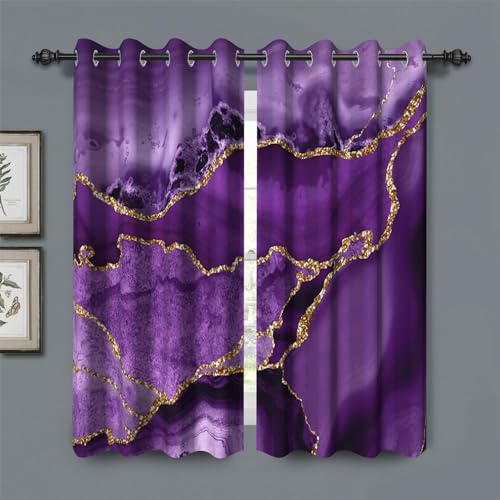 Baocicco Purpled Gold Marble Blackout Window Curtains for Bedroom Living Room Gold Glitter Texture Print Darkening Window Drapes with Grommets Modern Luxury Design Purpled Curtain 2 Panels 21x45 Inch