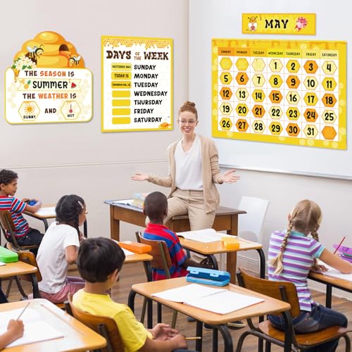 Tenare 169 Pcs Bee Themed Classroom Calendar Bulletin Board Set, Calendar Seasons Weather Chart Bulletin Board and Classroom Display with Stickers for Bedroom Wall Decoration - Image 6