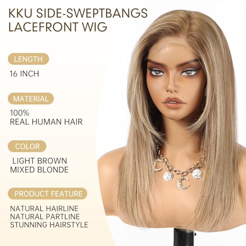 Image of KKU 100% Human Hair Wigs for Women,Real Human Hair Wigs,Side Swept Bangs Lace Front Wig(16 Inch,Brown Mixed Blonde)