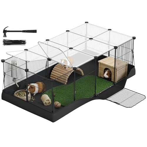 SONGMICS Guinea Pig Cage, Rabbit Cage, Small Animal Playpen with Waterproof Mat, Top and Side Door, 20 Panels, 48.4 x 24.8 x 16.3 Inches, Ink Black ULPI011BH01
