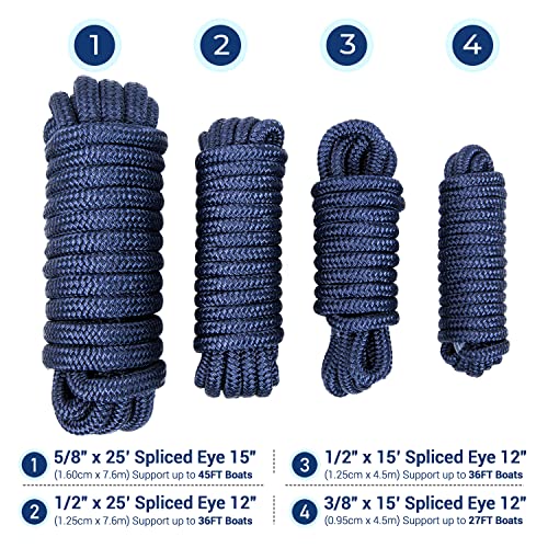 Seamax 2-Pack Heavy Duty Dock Line, Marine Grade Nylon Double Braided 5/8 Inch X 25 Feet, Spliced Eye 15", Navy Blue Color (5/8" X25')… #TOP2