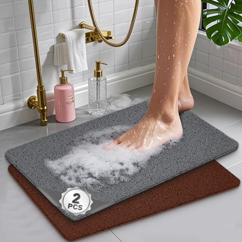 PVC Loofah Bathroom Mats (2 Pack) - Non-Slip Shower Mat for Bath Tub, Fast Drying, Phthalate Free (24x16In)