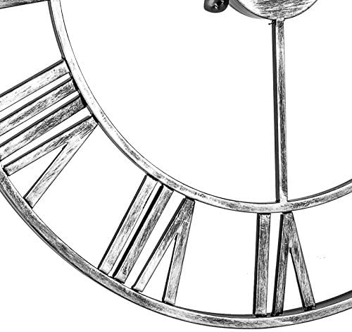 Silent Metal Skeleton Wall Clock, LENAUQ 40cm European Farmhouse Vintage Clock with Roman Numeral, Non-Ticking Battery Operated Hanging Wall Clock for Home Kitchen Cafe Hotel Office Decor(Silver)