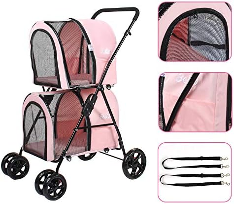 DAWOO Double Pet Stroller for Small Medium Dogs & Cats, Detachable 4 Wheels Cats Stroller Double Dog Stroller with 2 Portable Travel Carrier/One-Hand Folding/Suspension System (Pink)