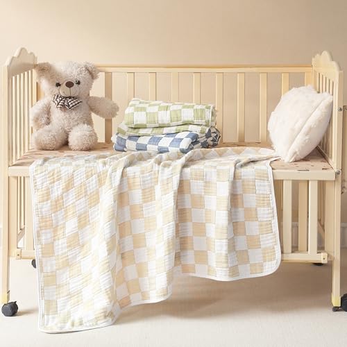Image of Ultra Soft Cozy 100% Cotton 6-Layer Muslin Baby Blanket 41 inchx41 inch Breathable Lightweight Checkered Swaddle Blankets for Baby Toddlers Boys Essentials Girls Birthaday Gifts All Seasons Cream