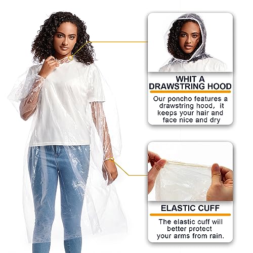 ALBRY Disposable Rain Ponchos for Adults with Drawstring Hood - Emergency Rain Ponchos Family Pack for Women and Men,Clear4