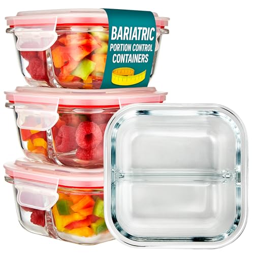 Glass Portion Control Bariatric Containers (3 Pack), 1 Cup Food Containers with Two 4 oz Compartments, 4oz Food Storage Containers for meal prep, Microwave Safe Glass Portion Containers with Lids