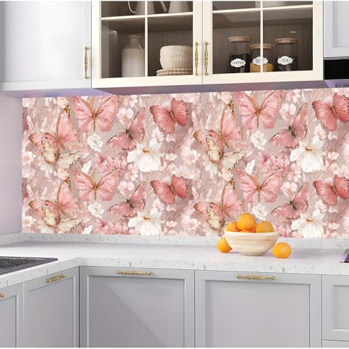 Image of Pink Butterfly Wall Decals, Watercolor Flower Peel and Stick Wallpaper for Girls Bedroom Nursery, Romantic Floral Mural for Mother's Day Home Decor, 39.37x15.75 Inch