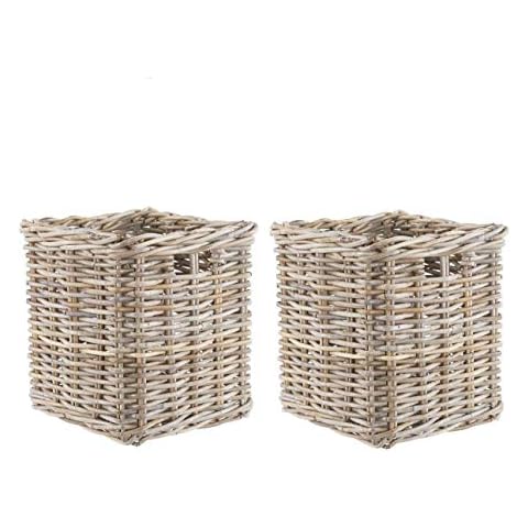 Set of 2 Handmade Grey Buff Rattan Baskets Cover