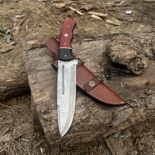 Handmade Damascus Steel Hunting Bowie Knife with Leather Sheath