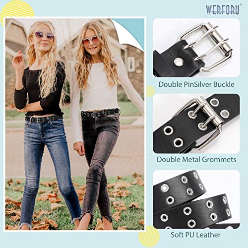 WERFORU Kids Double Grommet Belts With Holes for Girls Boys PU Leather Two Row Grommet Waist Belt for Jeans Dress3