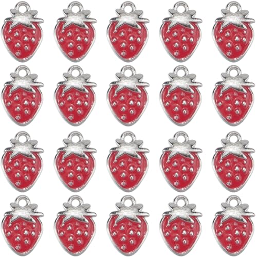 SUNNYCLUE 1 Box 40Pcs Enamel Strawberry Charms Red Fruit Charms Bulk Alloy Metal Sliver Cute Fruits Strawberries Charms for Jewellery Making Charms Supplies DIY Crafting Necklace Bracelet Earring