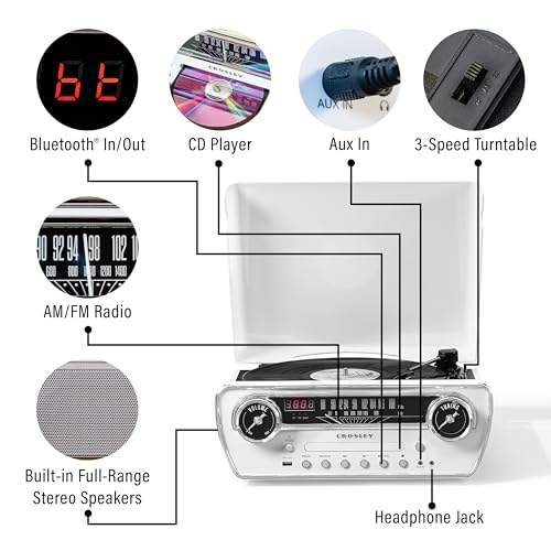 Image of Crosley CR6047A-WH Powel 7-in-1 Bluetooth in /Out Vinyl Record Player with AM /FM Radio, CD Player, and Aux-in, White