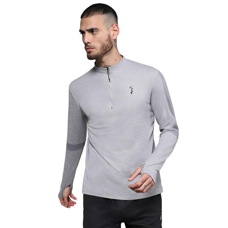 CAHOOT Men's Light Grey Heathered Self-Design Activewear T-Shirt for Casual Wear | Mock Neck | Long Sleeve | Pull On Closure | Jersey T-Shirt Crafted with Comfort Fit for Everyday Wear