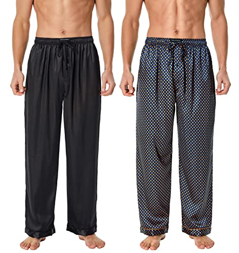 Men's Satin Silk Pajama Pants Long PJ Bottoms, Lounge Sleep Pants with Pockets Pack