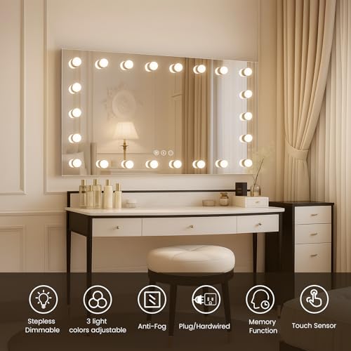 Image of WTTY 60 inchx30 inch Hollywood Vanity Mirror with Lights, Wall-Mounted Makeup Mirror with 3 Color Temperatures, Stepless Dimmable Bulbs, Anti-Fog & Shatter-Proof
