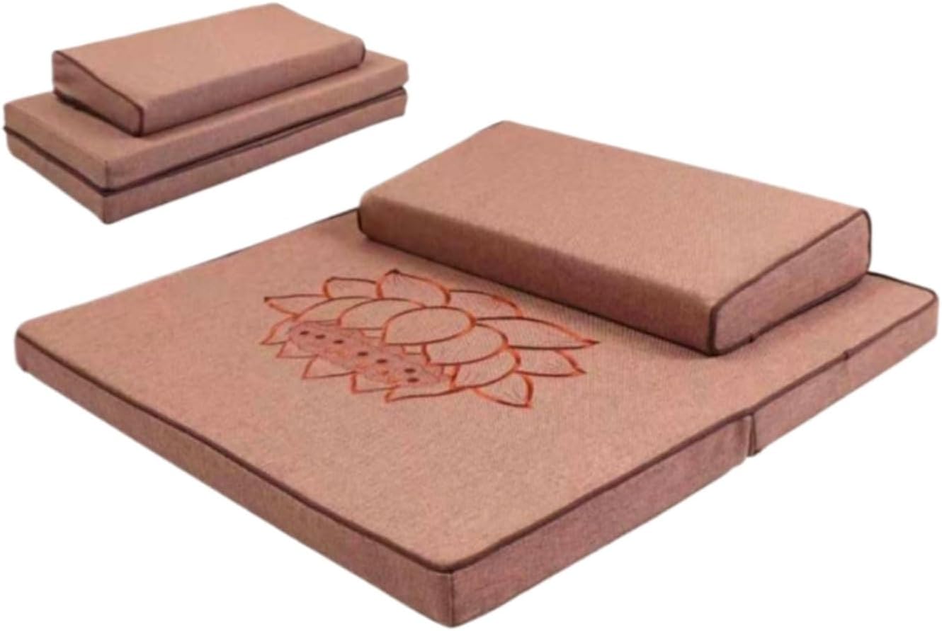 Portable Foldable Meditation Cushion Mat Set, Larger Thick Yoga Mat Bolster Floor Pillows Seating for Adults Meditation Accessories(Size:70x70cm(28x28inch),Color:Light Coffee)