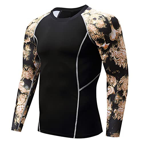 Daenrui Men's UPF 50+ Long Sleeve Compression Shirts Water Sports Surf Swim Rash Guard Athletic Workout Shirt Skull Medium