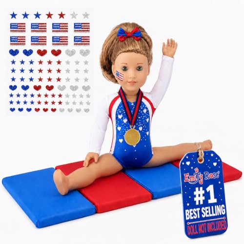 Emily Rose 18" Doll Gymnastics Outfit 5-Piece Set - Bejeweled Athletic Gymnast Leotard, Medal, Hair Bow, Mat, & Reuseable Stickers | American Girl Compatible | Trusted USA Brand | NO Doll