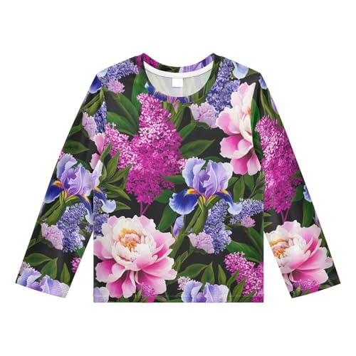 DOMIKING Iris Lilacs Black Boys Long Sleeve Rashguard Shirt Kids Quick Dry Swim Shirt for Kids Toddler 9-10T