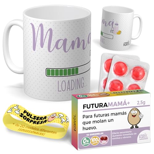 KIT regalo Mamá | Taza divertida + caramelos FUTURA MAMÁ LOADING + pulsera sorpresa – Regalo original para futuras mamás, embarazadas o madres primerizas