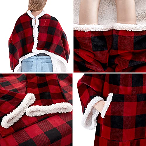 Touchat Sherpa Wearable Blanket With Sleeves For Adult Women Men, Warm, Cozy, Super Soft Plush Fuzzy Throw Blanket, Tv Reading Blanket Wrap Robe Cover For Sofa With Foot Pocket (Red Plaid) #TOP3