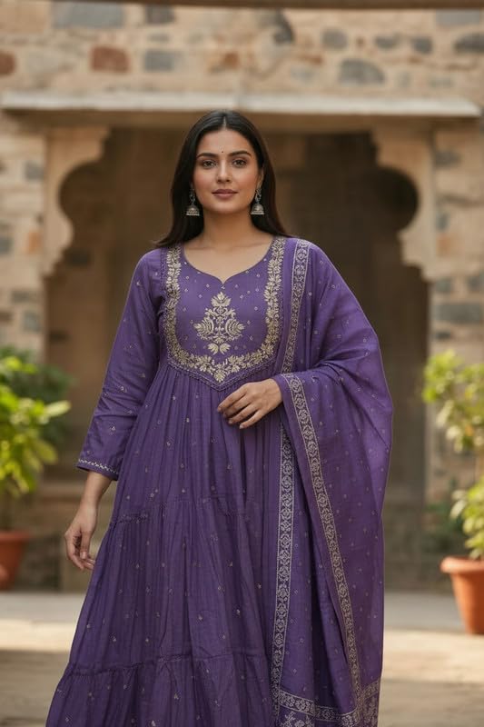 Image of Women's Elegant Embroidered Anarkali Set with Coordinated Bottom and Dupatta | Flared Traditional Ethnic Wear for Festive Celebrations, Wedding Functions and Party Occasions