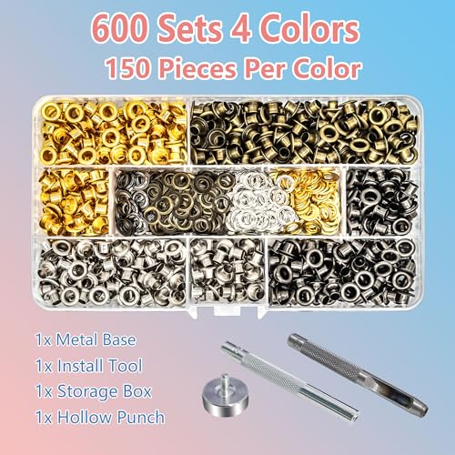 YHNTGB 600Pcs 3/16inch Metal Eyelets Grommets Kit with 3 Pieces Installation Tool and Storage Box for Shoes Clothes Crafts Bag DIY Project 4 Colors