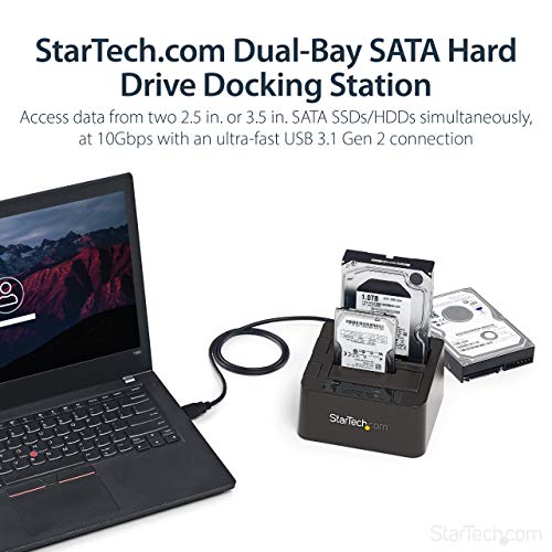 Image of StarTech.com Dual-Bay USB 3.1 to SATA Hard Drive Docking Station, USB 3.1 (10 Gbps), External 2.5 /3.5 inch SATA I /II /III, SSD /HDD Docking Station, Hot-Swap Hard Drive Bay, Top-Loading (SDOCK2U313) | SATA I /II /III (1.5 /3 /6Gbps), Top-loading toaster-style, Tool-less, Eject buttons, 5,000-cycle rated, Includes USB-A cable
