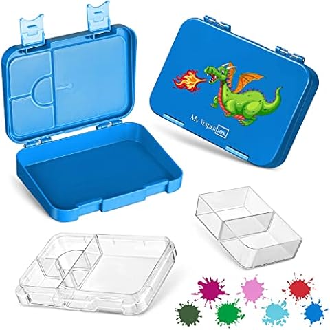 My Vesperbox Bento Box Children's Lunch Box with 4 + 2 Compartments Extremely Robust Lunch Box Ideal for Nursery and School (Blue - Dragon) Cover