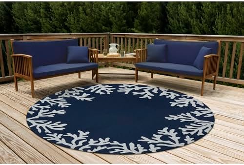Liora Manne Capri Indoor/Outdoor Handmade Synthetic Blend Durable Area Rug - Traditional Border Coastal Beach Accent (Coral Border Navy) (8' Round)