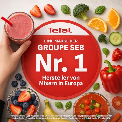 Tefal PerfectMix Essential Hochgeschwindigkeits-Standmixer, stufenlos einstellbare Geschwindigkeit, Pulsfunktion, abnehmbare Powelix-Klingen, hitzebeständiger 2 l Glasbehälter, 1200 W, Grau, BL771BF0