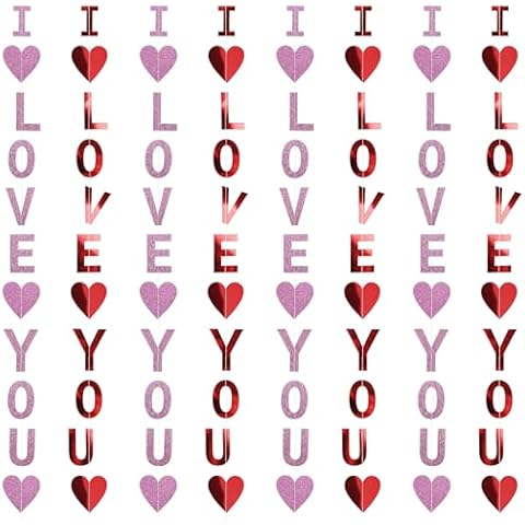 DIYASY 8 Pcs Valentine's Day Heart Garland Decorations, NO DIY Red Hearts Hanging String I Love You Banner Ornament Party Decor Wedding Anniversary Room Decoration Cover