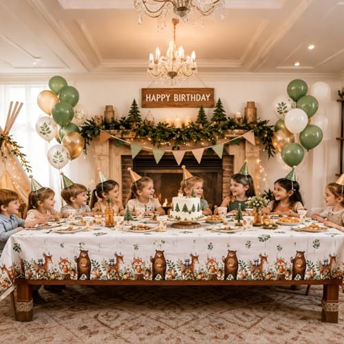 Image of TREWAVE Woodland Animals Plastic Tablecloth Forest Wild Creatures Baby Shower Table Covers for Boy Girl Birthday Table Decoration Neutral Gender Reveal Decor Friendship Themed Party Supply 54 inch x 108 inch