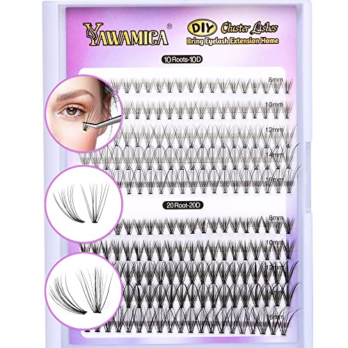 Individual Lashes Cluster Eyelash Extension 200pcs Natural Wispy DIY Eyelash Extension at Home by Yawamica (10D+20D, 8mm-16mm)