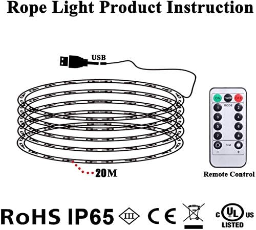 LED Fairy Rope String Lights- Afufu 65FT/20M 200 LED String Light with Remote Timer 8 Mode Dimmable Strip Lights for Garden Patio Party Christmas Tree Outdoor/Indoor Decoration